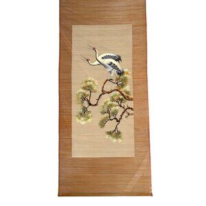 Japan Hanging Scroll Kakejiku VTG Silk Hand Embroidery Tosa Mitsusada Two Cranes